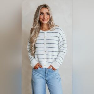 Elegant White and Blue Striped Women's Cardigan